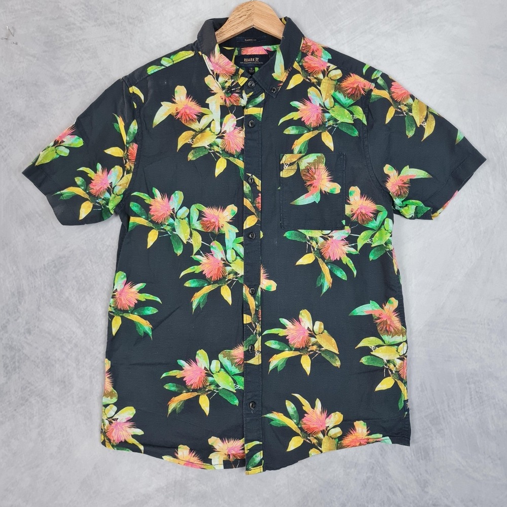 Roark Shirt Mens Small Black Floral Hawaiian Organic Cotton Linen Button Up